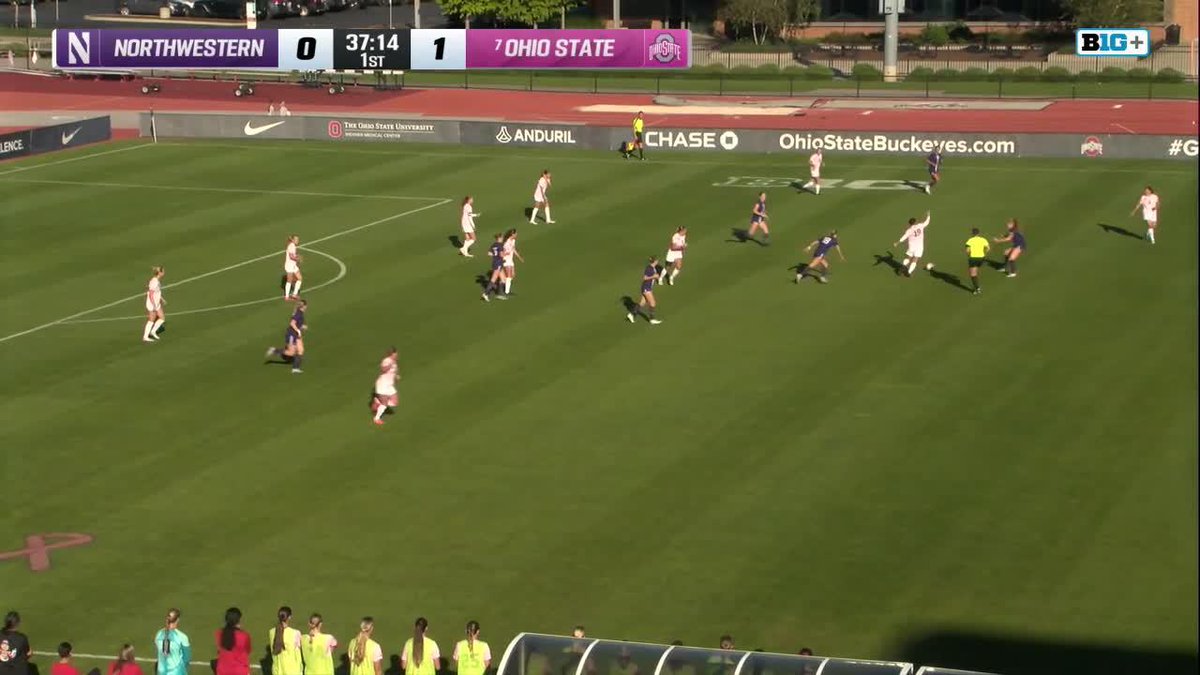 A screenshot from a Big Ten women's soccer match on Big Ten Network between #7 Ohio State and Northwestern, with the score shown as Northwestern 0, Ohio State 1 at 37:14 in the 1st half.