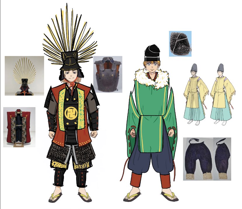 pacha_akka's tweet photo. instead of writing chapter 5, i drew their attire even though i cant 🥹

full on maitake-ing this, with red n green in them both ❤️💚❤️💚

🌾 with big ass helmet, while 🎋 with old ass hat 😭 https://t.co/Rur2IJ5z7h