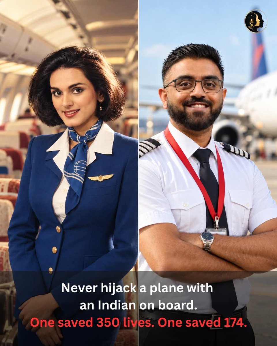 DOGEQEEN's tweet photo. On 5 September 1986, Pan Am Flight 73 was flying from Mumbai, India to the United States, with a stop in Karachi, Pakistan. At the Karachi airport, four armed hijackers took control of the plane.

Neerja Bhanot, a 22-year-old senior flight attendant, warned the pilots in time, so they escaped safely. This made Neerja the most senior crew member left on board. For the next 17 hours, she stayed calm and helped hide the American passengers' passports, so the hijackers could not identify and target them.

When the hijackers started shooting, Neerja had a chance to escape. Instead, she turned back to save three young children. She shielded them with her own body and was shot. She died that day, but her actions saved more than 350 passengers. India later honoured her with the Ashoka Chakra, the country's highest peacetime bravery award.

Forty years later, on 30 September 2026, Captain Smit Machchhar was flying a flydubai plane from Dubai to Tel Aviv. He was seriously injured during an attack inside the cockpit. Even while injured, he managed to open the cockpit door, so the crew and passengers could stop the attacker. His courage helped save all 174 people on that flight.

Two Indians. Two different decades. The same courage when people needed it the most.