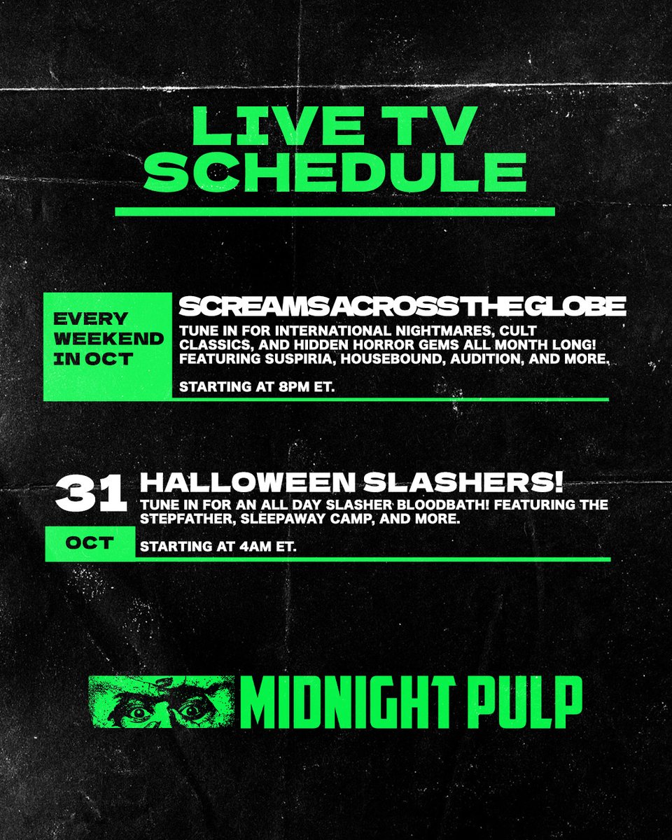 midnight_pulp's tweet photo. Get ready to scream!

Tune in for classic slashers and bloody gems from Dario Argento, Takashi Miike, and more. Streaming 24/7 for FREE on our live channel!

https://t.co/BJR3dE9rz4 https://t.co/MwrdXnY6WP