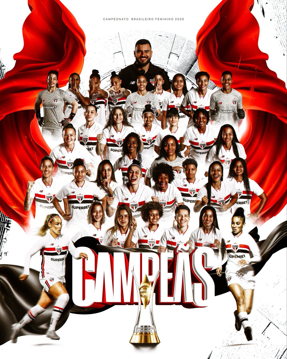 SaoPauloFC_Fem's tweet photo. ÉÉÉÉÉÉ, CAMPEÃÃÃÃÃO! 🏆  No MorumBIS lotado, o São Paulo superou o Corinthians e conquistou o Brasileirão Feminino de 2026!  COMEMORA, TORCIDA TRICOLOR!  #EssaHistóriaÉFeitaPorNós #FutebolFemininoTricolor #VamosSãoPaulo 🇾🇪 https://t.co/3PaknJ1O68