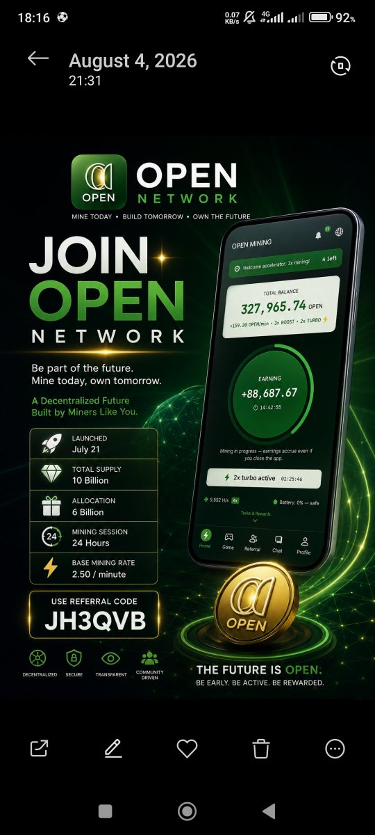 Earl011289's tweet photo. ✨ JOIN OPEN NETWORK ✨

🚀 Launched: July 21
💎 Total Supply: 10 Billion
📦 Allocation: 6 Billion
⏳ Mining Session: 24 Hours
⚡ Base Mining Rate: 0.60 / minute

🎁 Referral Code: JH3QVB

📱 Download 👇 
https://t.co/BEZh1w7j3T

Verified ✅⚡ https://t.co/zMeAeWFp2m