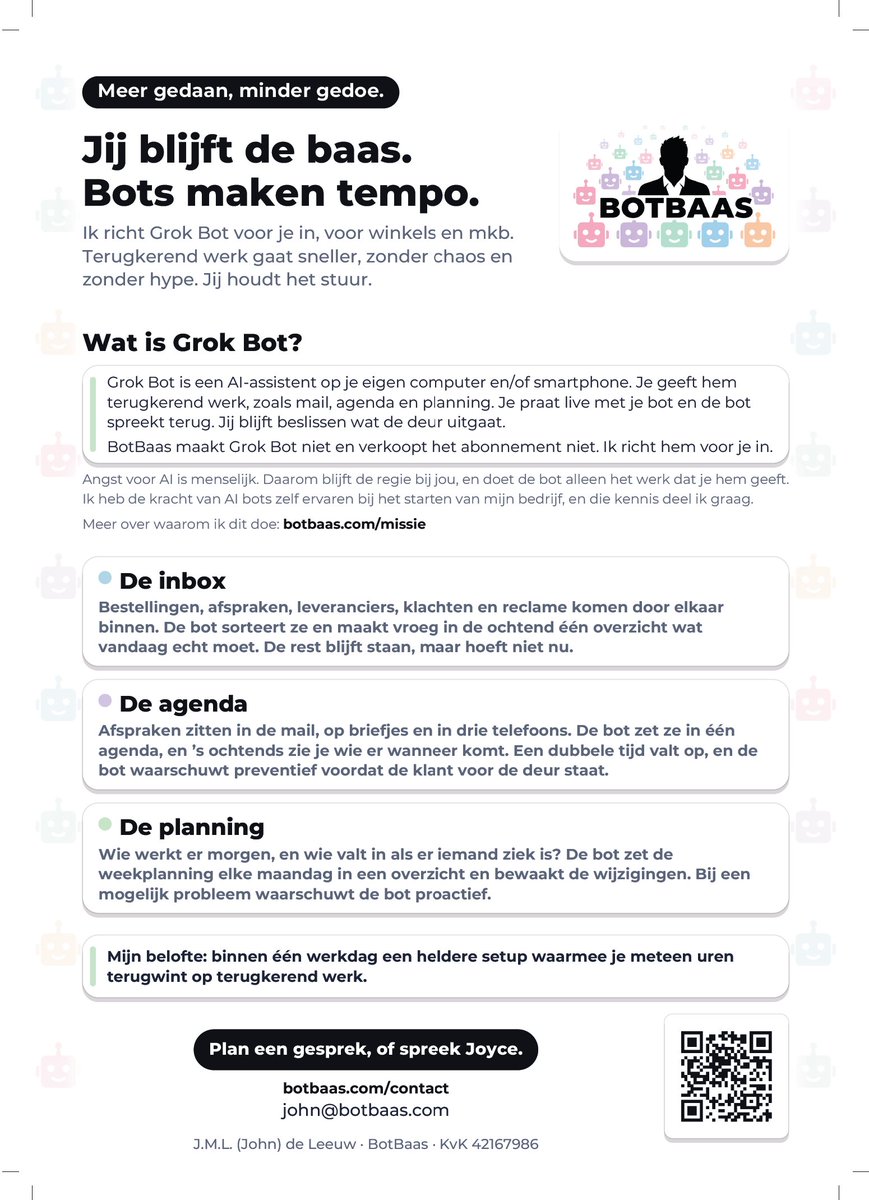 BotBaas's tweet photo. Binnenkort flyeren 😉

Voor winkels en mkb: terugkerend werk sneller, jij houdt het stuur. Ik richt Grok Bot voor je in.

#BotBaas #GrokBot #MKB #ZZP https://t.co/DXDZhYleXI