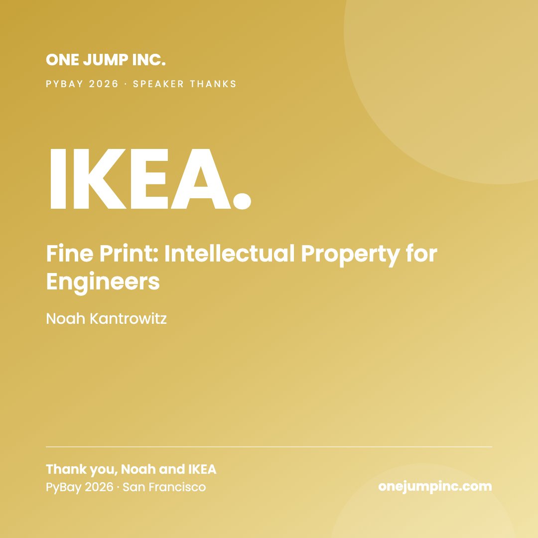 onejumpinc's tweet photo. Thanks Noah Kantrowitz of @IKEA for "Fine Print: Intellectual Property for Engineers" at @py_bay. https://t.co/pGzfc8NAcu
