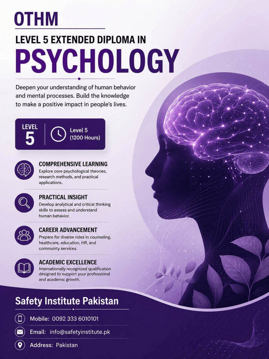 SafetyPakistan's tweet photo. OTHM Level 5 Extended Diploma in Psychology — Open for enrolment at Safety Institute Pakistan. Level 5. #OTHM #Level #Extended #Diploma #Psychology #VocationalTraining #Diplomas #Pakistan #SouthAsia https://t.co/B6JF54f6BP