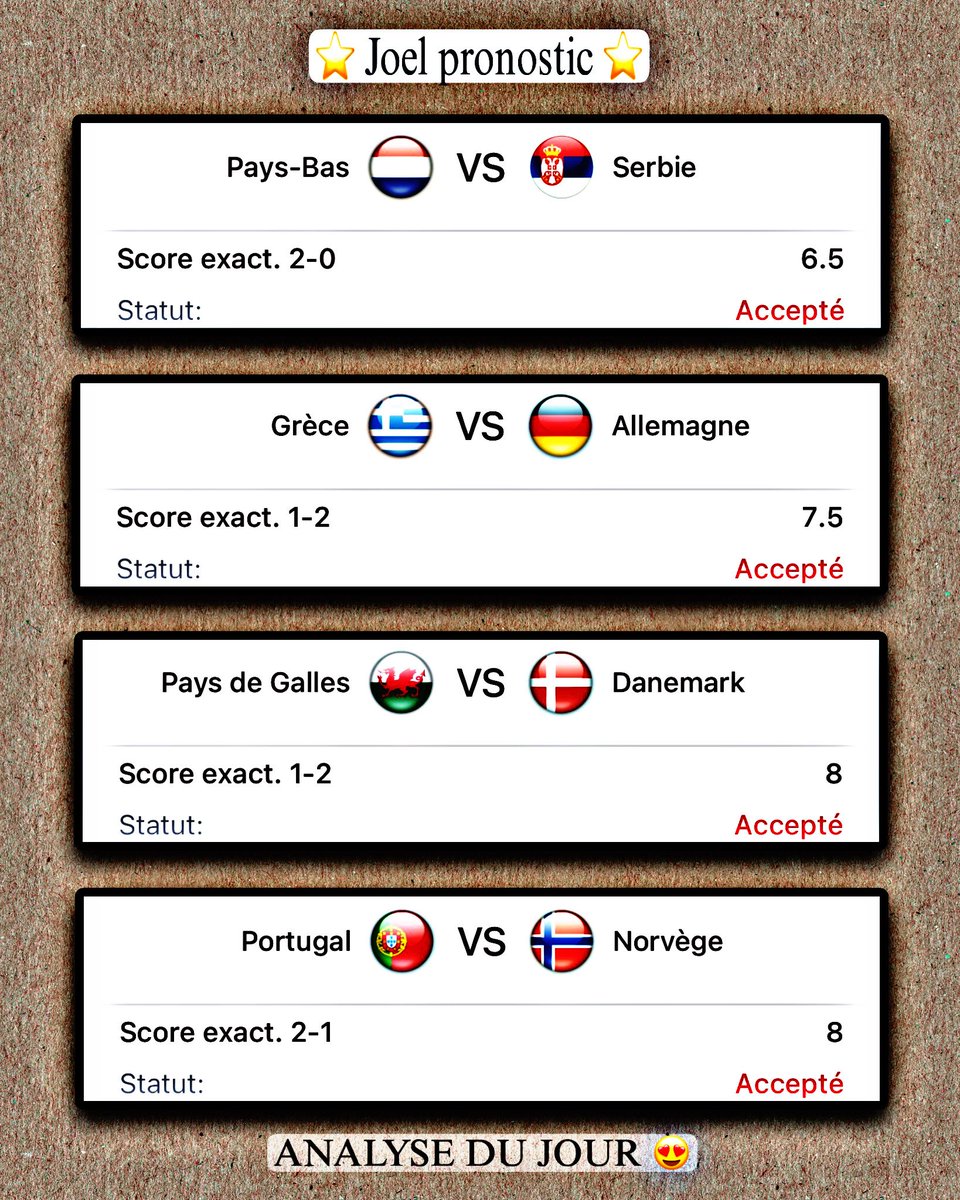 JoelPronos's tweet photo. 🔥 SCORE EXACT DU JOUR — 4 ÉQUIPES ⚽

🎯 4 matchs sélectionnés
💎 4 scores exacts
📊 Analyse &amp; sélection du jour
🚨 Objectif : trouver les bons scores ! https://t.co/SsHYDfImmm