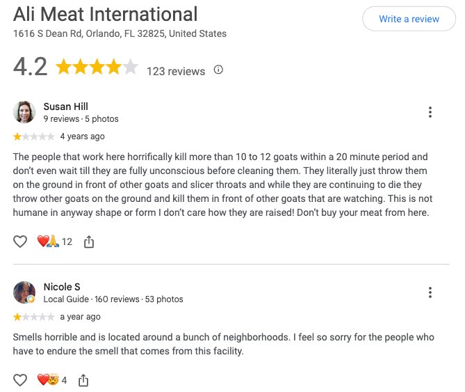 LauraLoomer's tweet photo. 🚨Muslim Slaughterhouse In Orlando, Florida Has Long History of Animal Abuse and Violations 🚨 

Thanks to my viral reporting about Islamic animal torture at Ali Meat International, a Muslim Halal slaughterhouse in Orlando, Florida, the Florida Department of Agriculture and Consumer Services @FDACS exclusively confirmed to me last week that there is now an active and ongoing criminal investigation into these animal abusers.

The recent undercover video I posted showed Ali Meat employees, kids and random customers torturing innocent animals for Islamic ritual animal abuse. 

Ali Meat International is run by Mohammad Razzaq and Kalsoom Razzaq according to state records. It is also a USDA-registered slaughterhouse. 

In 2021, @USDA inspectors suspended operations at Ali Meat after witnessing an employee throw a conscious lamb against a metal fence. The lamb reportedly bounced off the fence and landed on its side on concrete.

Ali Meat was cited again in 2024. USDA inspection data stated that the establishment did not have a “robust, systematic approach to humane handling.”

Additionally, I uncovered Google reviews about Ali Meat’s disgusting animal abuse going back many years.

Four years ago, one person wrote:

“Not halal. When the animal enters the main building to get slaughtered it has to witness other animals getting slaughtered and can see the dead ones hung up and skinned.”

Another Google review states:

“The people that work here horrifically kill more than 10 to 12 goats within a 20 minute period and don't even wait till they are fully unconscious before cleaning them. They literally just throw them on the ground in front of other goats and slicer throats and while they are continuing to die they throw other goats on the ground and kill them in front of other goats that are watching. This is not humane in anyway shape or form I don't care how they are raised! Don't buy your meat from here.”

Last year, another person wrote: 

“Smells horrible and is located around a bunch of neighborhoods. I feel so sorry for the people who have to endure the smell that comes from this facility.”

Ali Meat is a disgusting hellhole. The horrific undercover video I posted, numerous federal inspections, and these customer reviews document a long pattern of violations and animal torture.

I feel so horrible for these animals and anyone who lives near this Islamic animal torture chamber.

THIS NEEDS TO STOP NOW!

Despite its numerous violations, the Biden USDA kept letting Ali Meat get away with Islamic animal torture for years.

President Trump’s Agriculture Secretary Brooke Rollins @SecRollins needs to cancel Ali Meat’s federal permit immediately!

We need to banish Islamic animal torture from Florida and hold these monsters accountable for abusing animals.

@WiltonSimpson @megforflorida @SenRickScott @ByronDonalds @ErikaDonalds @RAlexAndradeFL @AGJamesUthmeier @realannapaulina @RepFine @RonDeSantis 

RECEIPTS 👇🏻