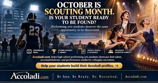Accoladi's tweet photo. High school athletes get recruited in October, and performing arts students deserve the same chance.

Share https://t.co/NnfN3nQMmp with your students so college music, theatre, and dance programs can find them. https://t.co/hvn2RsFzY4
