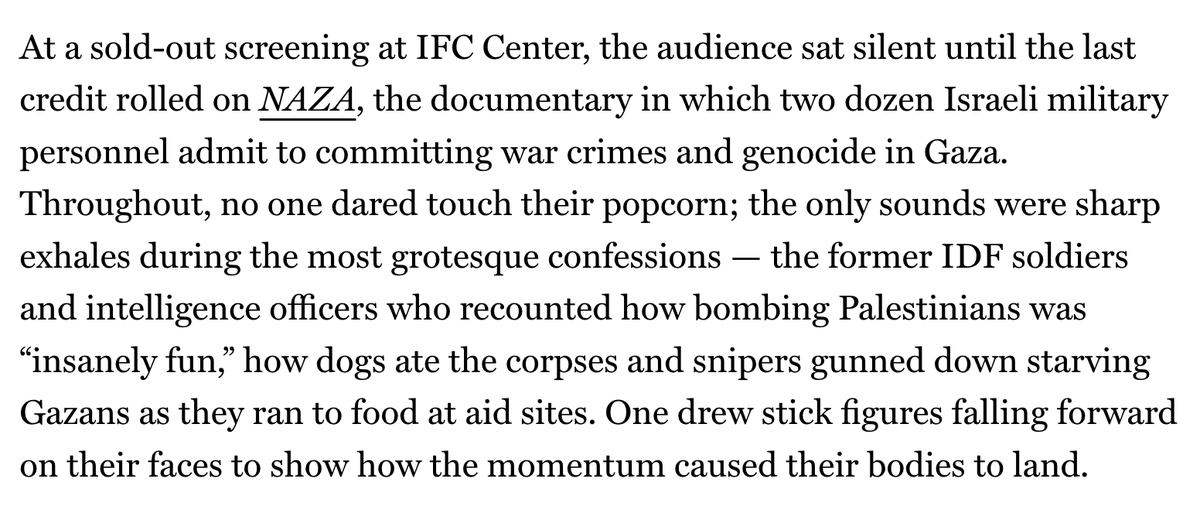 AdHaque110's tweet photo. "former IDF soldiers and intelligence officers . recounted how bombing Palestinians was “insanely fun,” how dogs ate the corpses and snipers gunned down starving Gazans as they ran to food at aid sites. One drew stick figures falling forward on their faces" https://t.co/MdsNdUaTAV