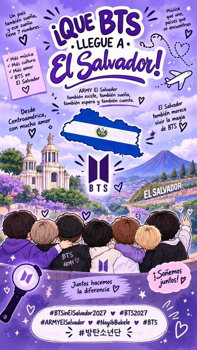 Dreamersbtssv7's tweet photo. ¡ARMY! Ayúdenos hacer este sueño realidad

RT + COMPARTIR + LIKE

Comparte tus post usando estos hashtags 
👇🏻
#BTSinElSalvador2027 #BTS2027 #ARMYElSalvador #NayibBukele #BTS
#방탄소년단 https://t.co/x5QgXKmJbR