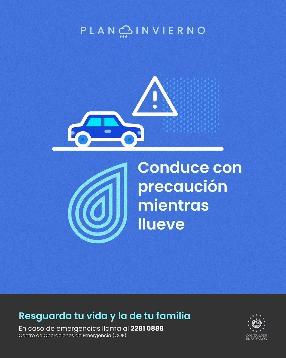 PROCIVILSV's tweet photo. #PlanInvierno2026 ⚠️ En esta temporada de lluvias conduce con precaución para prevenir accidentes. 

➡ Reduce la velocidad.

➡ Evita realizar maniobras peligrosas.

➡ Aumenta la distancia entre vehículos al momento de frenar. https://t.co/ejKD6yy8BX