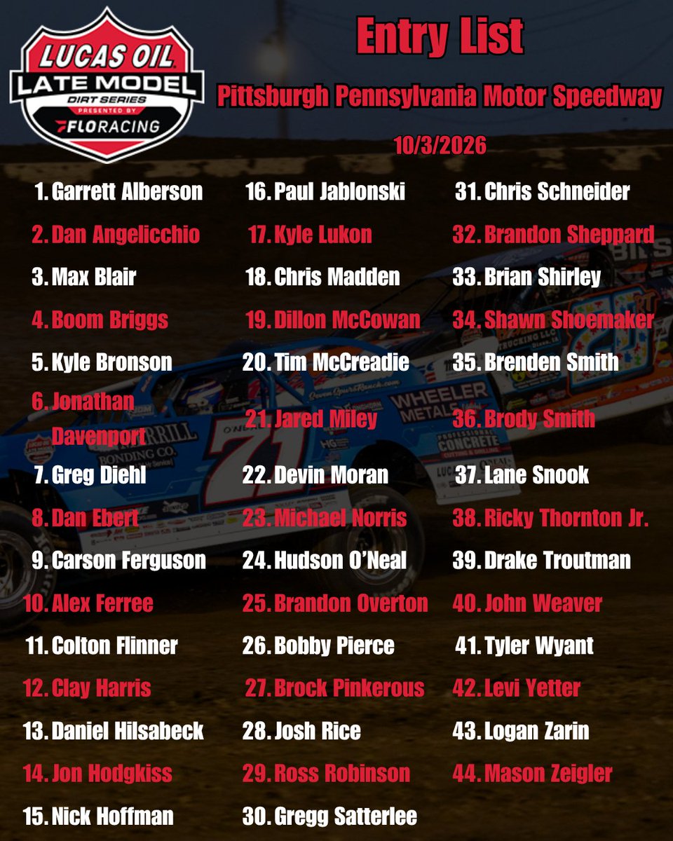 JFTrentRacing's tweet photo. 44 cars currently checked in to do battle at Pittsburgh Pennsylvania Motor Speedway  with the Lucas Oil Late Model Dirt Series for the Pittsburgher! 

Who is your pick to win? https://t.co/LWIoz4OTOT