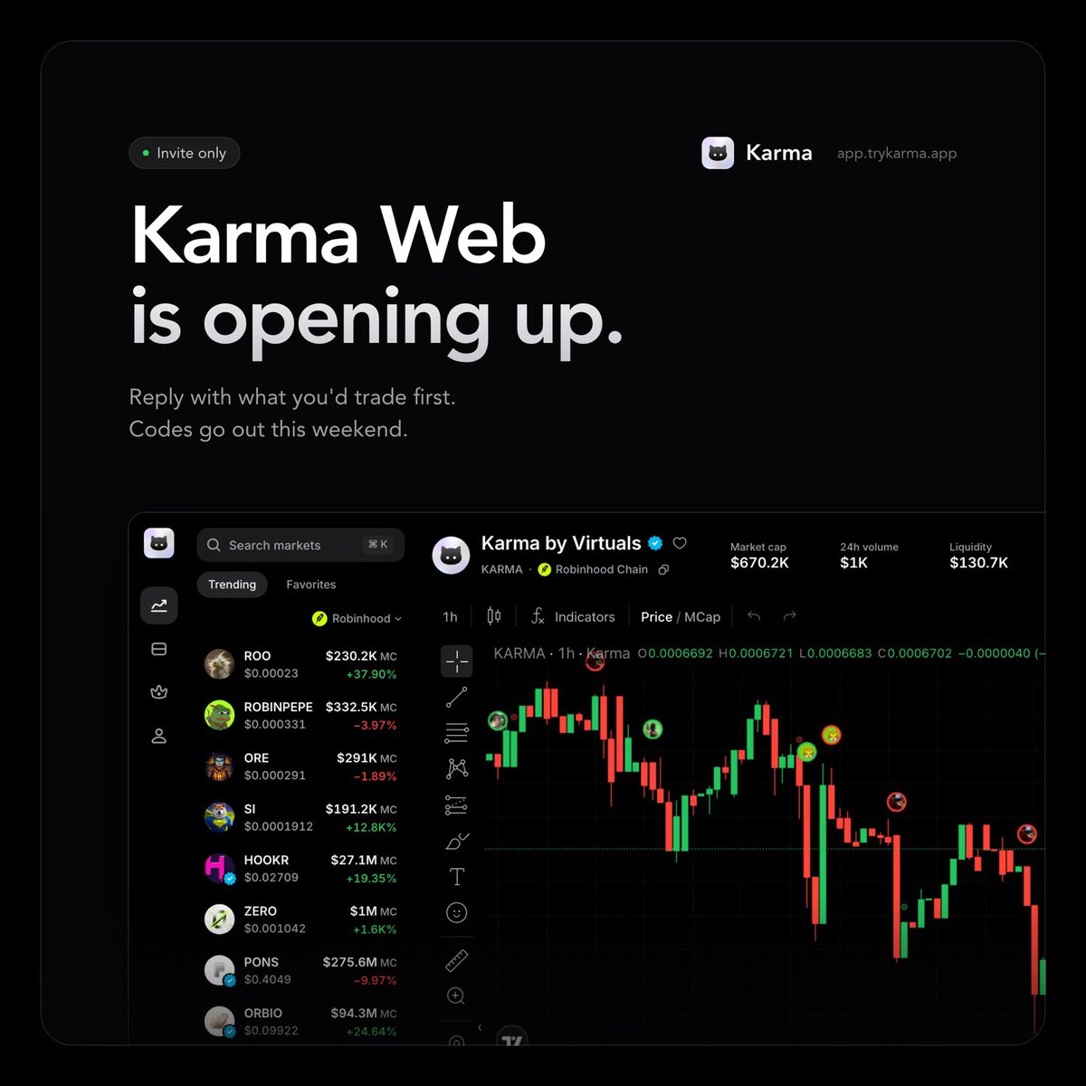 KarmaWallet's tweet photo. We're giving out Karma web invites this week.

Reply with the first thing you'd trade on it and we'll DM codes to some of you over the weekend. 🔮 https://t.co/CPjzu1ZXdk
