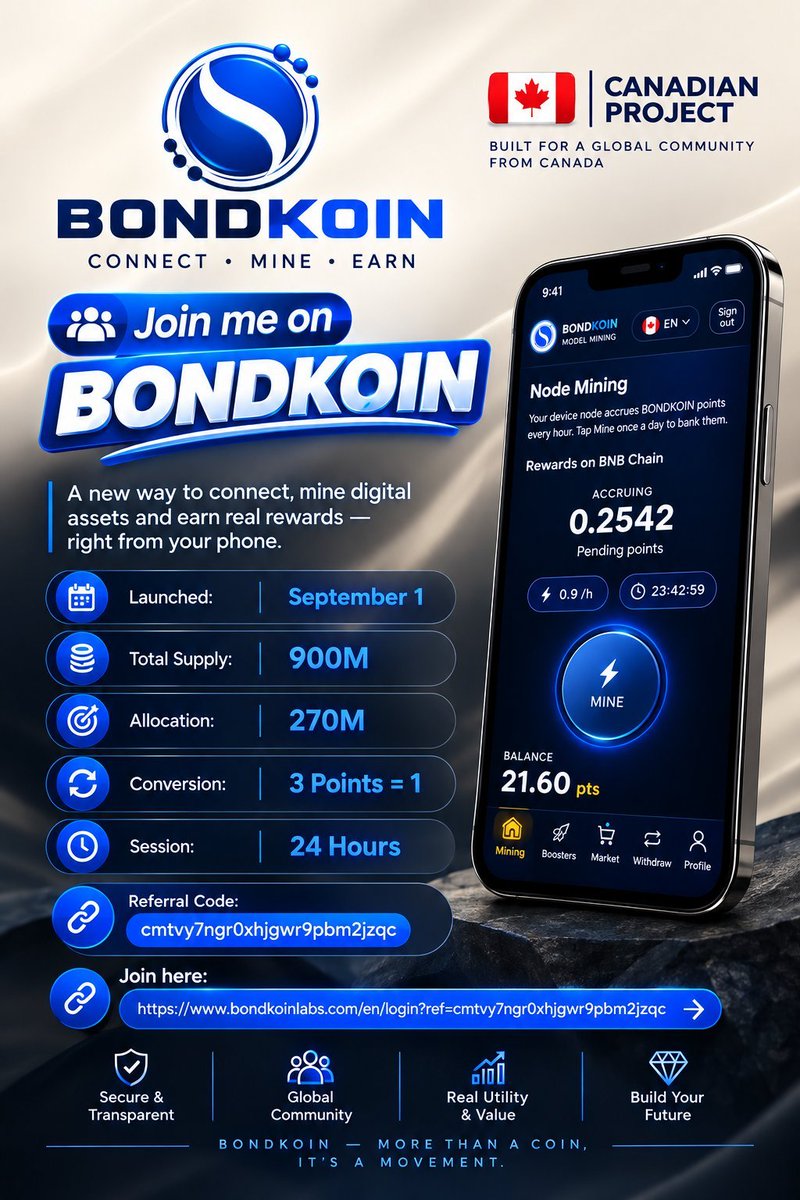 Earl011289's tweet photo. 🌍 Join me on BONDKOIN 🚀

🇨🇦 Canadian Project
📅 Launched: September 1
💰 Total Supply: 900M
🎯 Allocation: 270M
🔄 Conversion: 3 Points = 1
⏱️ Session: 24 Hours

🔑 Referral Code: cmtvy7ngr0xhjgwr9pbm2jzqc

🚀 Join here:
https://t.co/7gihy3T5Tm

✅⚡ https://t.co/rIsAQtZA2T