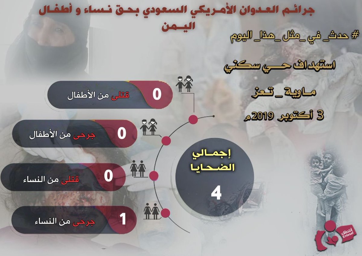 entesaf2's tweet photo. #لن_ننسى #حدث_في_مثل_هذا_اليوم  #جرائم_العدوان_الأمريكي_السعودي بحق نساء و أطفال اليمن  3/ اكتوبر/2019م

استهداف حي سكني بمنطقة ماوية محافظة #تعز

وكانت حصيلة الضحايا (4) بينهم

الجرحى امرأة
#أمريكا_تقتل_الشعب_اليمني

#منظمة_انتصاف

#Entesaf_Org

https://t.co/3YqawqBm02 https://t.co/1HgVM8gzgt