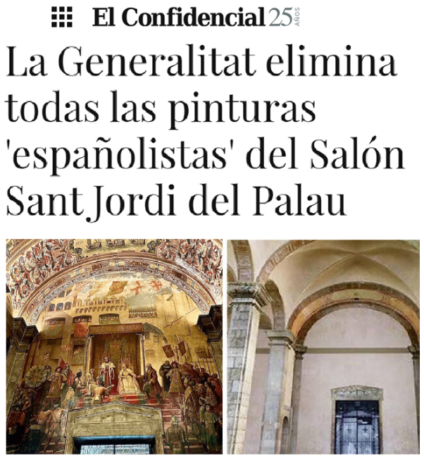 CCivicaCatalana's tweet photo. La catetada nacionalista de eliminar obras de arte históricas como las pinturas del recibimiento de los Reyes Católicos a Colón en Barcelona para sustituirlas por un techo blanco, ¿no debería ser un delito contra el patrimonio histórico-artístico? https://t.co/8PElp26fH7