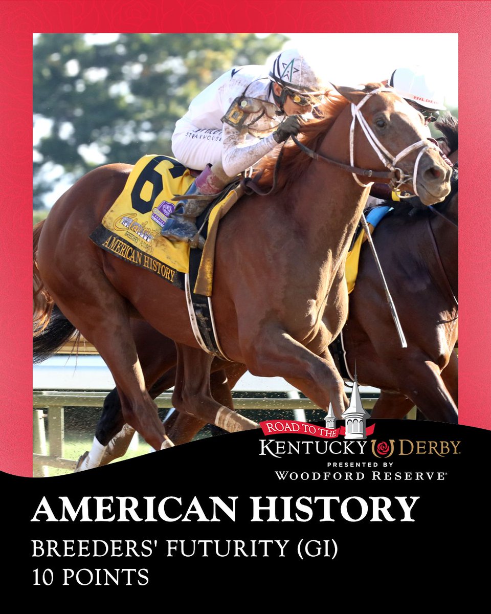 KentuckyDerby's tweet photo. Congratulations to the connections of American History for the win in the Breeders’ Futurity Stakes, securing 10 points on the Road to Kentucky Derby! 🌹

Jockey: John R. Velazquez
Trainer: Todd A. Pletcher
Owner: WinStar Farm LLC, First Go Racing and CHC, Inc. https://t.co/OKhg8C0Ul9