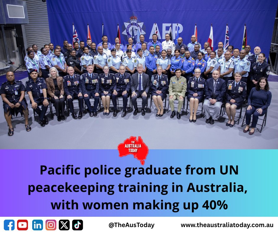 TheAusToday's tweet photo. Pacific police graduate from UN peacekeeping training in Australia, with women making up 40%

Read more: https://t.co/ySno6YoE6v

Women made up 40 per cent of this year’s participants, which he said reflected their growing leadership and contribution to policing and peace operations across the region. 

#Pacific #UNPeacekeeping #Australia #WomenInPolicing #Fiji