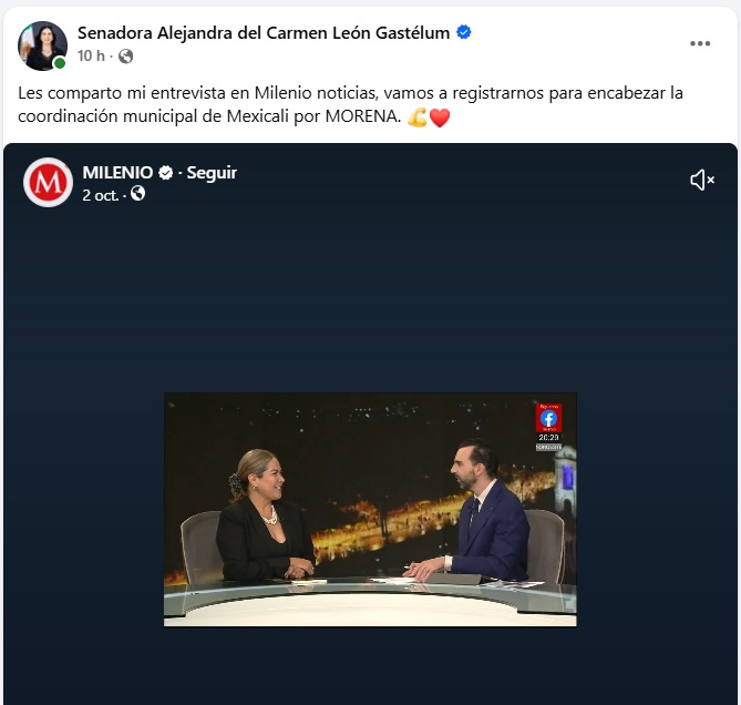 ArmandoNieblas's tweet photo. Hasta antes del jueves nadie se acordaba de Alejandra León Gastélum.

Ese día trascendió que fue detenida en la garita Mexicali-Calexico y posteriormente ella confirmó que la estuvieron interrogando durante 12 horas.

Hasta ahora no hay alguna información oficial que confirme la versión de la exsenadora morenista.

Ahora ya anda dando entrevistas en medios nacionales promoviendo sus aspiraciones de ser candidata de Morena a la alcaldía de #Mexicali.

P.D. No es senadora desde el 2024, pero así se presenta en sus redes sociales.