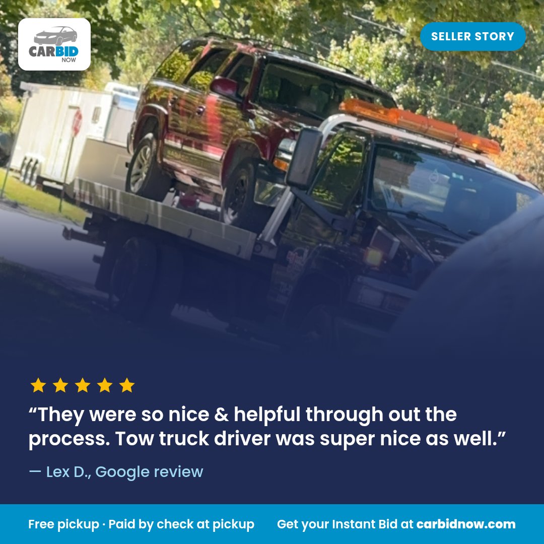 CarBidNow's tweet photo. "They were so nice &amp; helpful through out the process. Tow truck driver was super nice as well." (Lex D., Google review) Get your Instant Bid in seconds: https://t.co/4pnWobCVVi https://t.co/PMUa2Er1pI