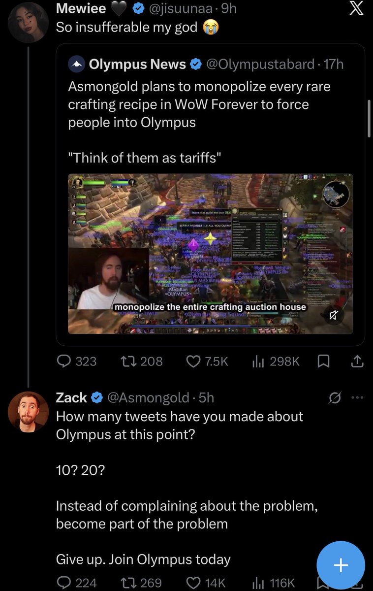 Awk20000's tweet photo. Asmongold invites Mewiee to Olympus as the two argue on the timeline after she mocked him and his guild https://t.co/c01xzfpqjq