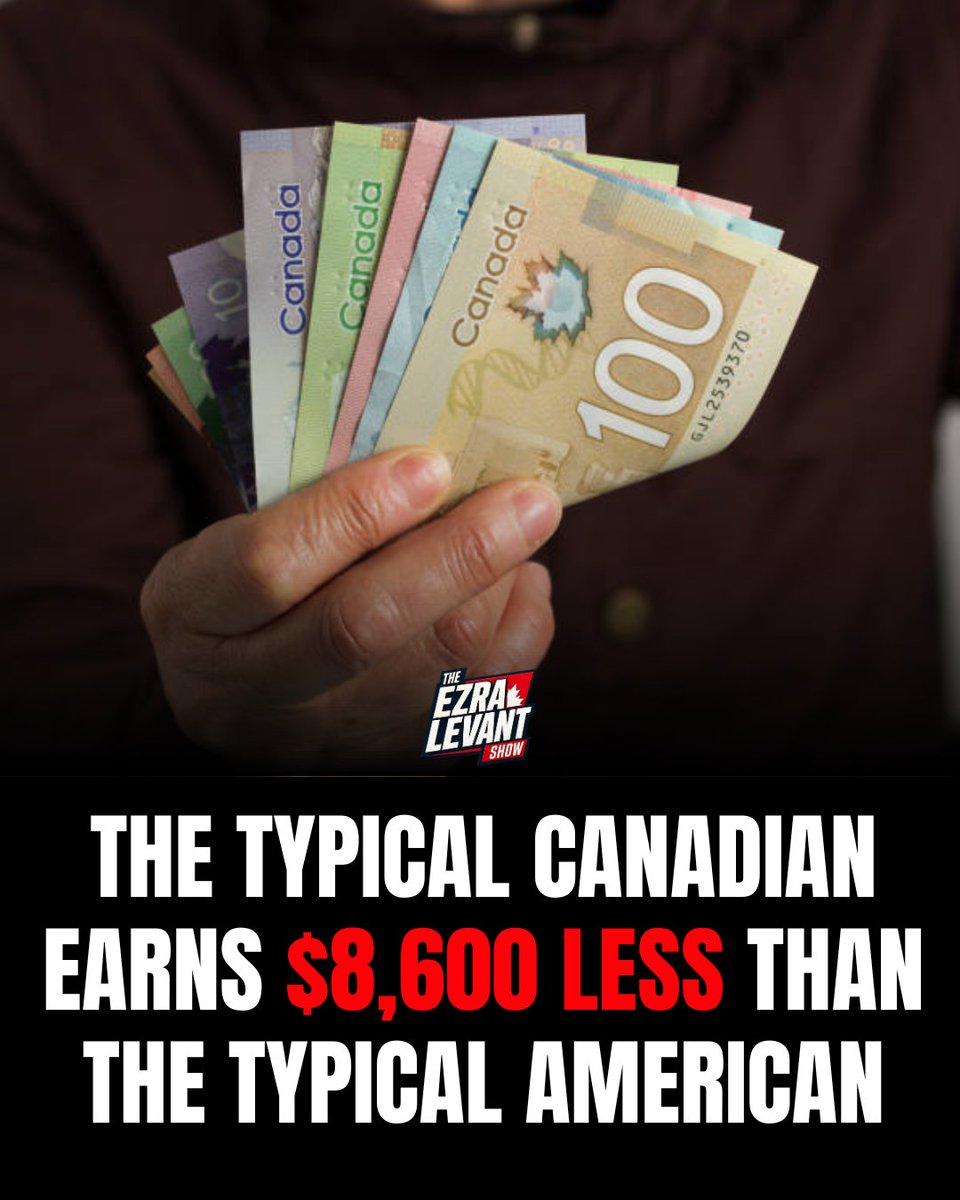 ezralevant's tweet photo. Cross the border and get an $8,663 raise. 

That's the gap between the median American and the median Canadian in 2024, according to the Fraser Institute. 

Americans: $46,024. Canadians: $37,361. 

Both in Canadian dollars. 

Our 2024 number is still lower than what Americans had in 2010. 

Nearly a decade of the liberals, and we're 14 years behind.