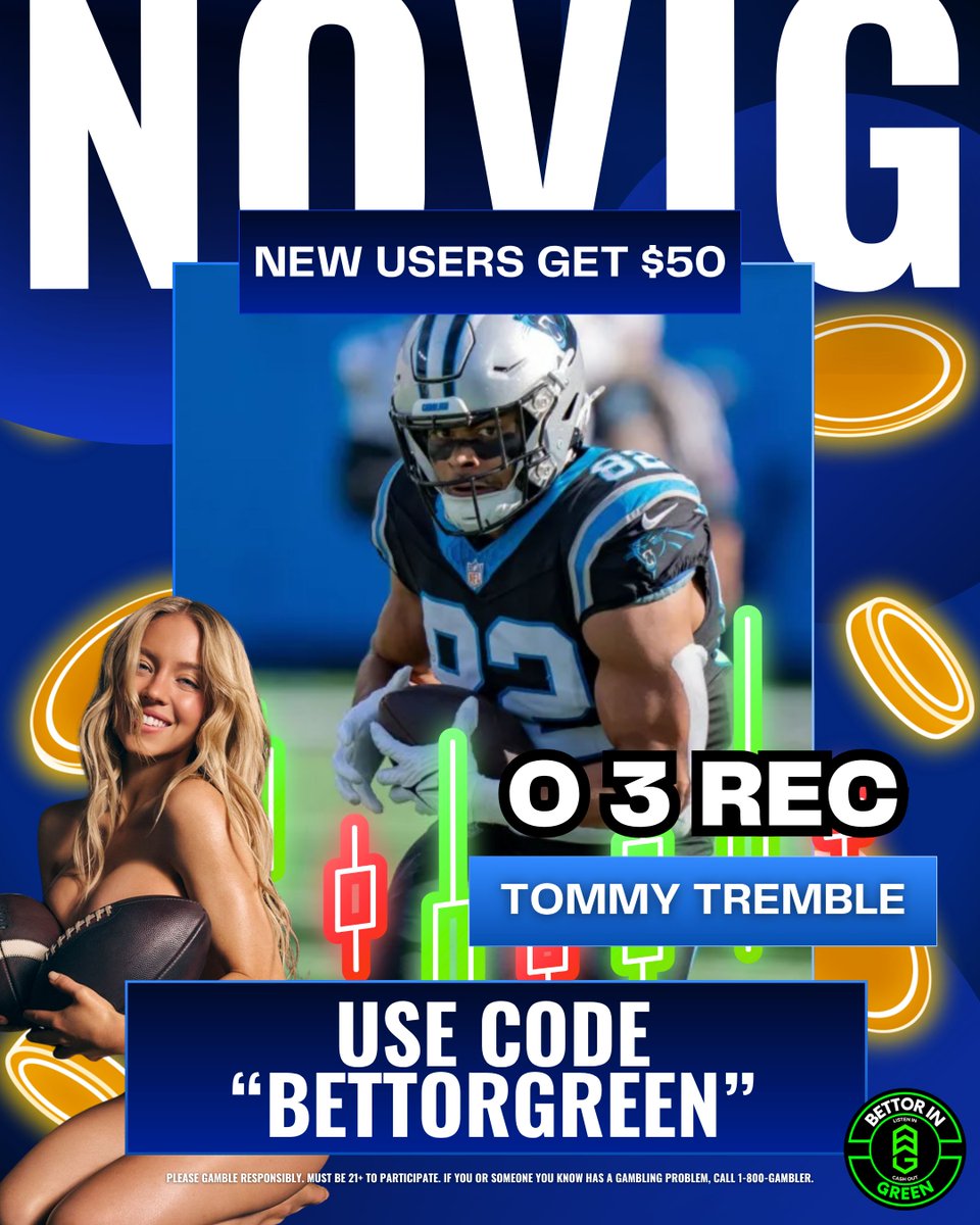 BettorGreen's tweet photo. Just you, your takes, and Tremble O 3 Receptions! New users deposit just $10 and get $50 in trade credits with code BETTORGREEN!

#NFL #propbet #sydneysweeney #novig #week4 https://t.co/jc5tmMBZ4s