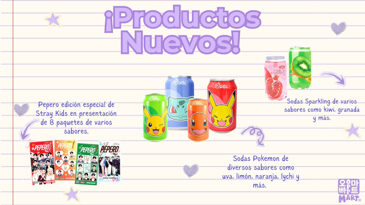 oppamartmx's tweet photo. ✨¡Nuevos productos para ti esta semana!✨ Esta semana llegaron una gran variedad de bebidas en lata, como las bebidas edición especial de Pokémon de Qdol y una gran variedad de Sparkling 💜 y los pepero de Stray kids 👀✨
#oppamart #productosnuevos #bebidascoreanas #straykids https://t.co/BrLoFOPpuW