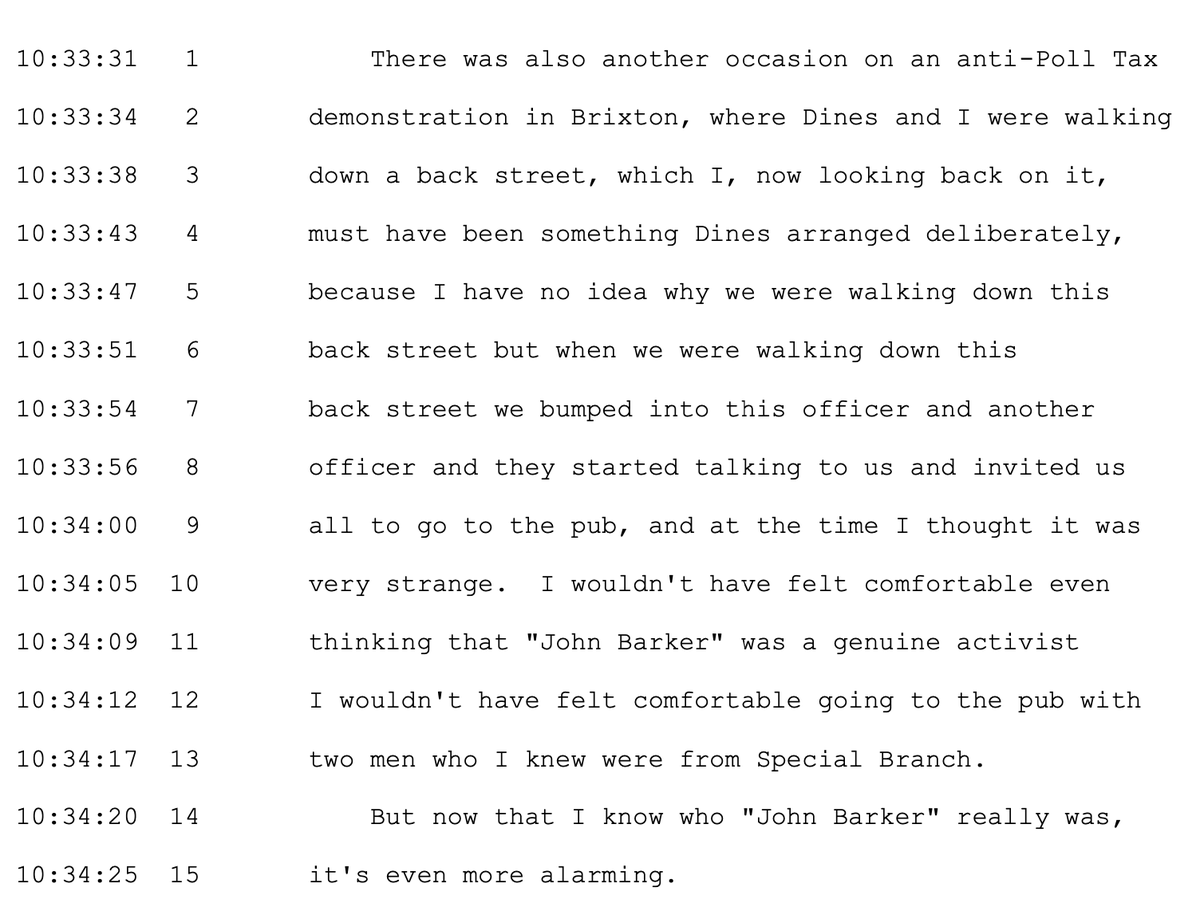 BristleKRS's tweet photo. It's worth noting that these transcripts illustrate Helen Steel's exemplary grasp of detail and razor-sharp analysis.

In T3P3D26 she nails how MPSB officers inside and outside of SDS knew HN5 John Dines &amp; she were in a relationship, and that HN10 Bob Lambert set it up.
#spycops https://t.co/JjK8V89z7o