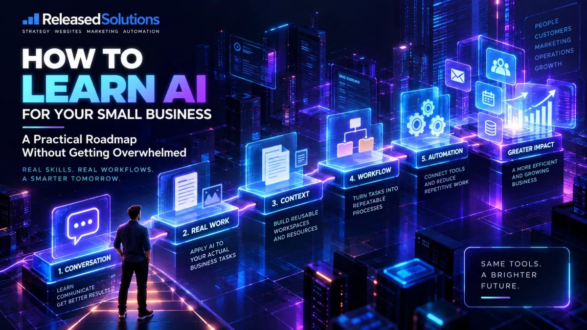 mydevopsguy's tweet photo. Small-business owners don't need to “learn AI.”

They need to learn how to put AI to work.

There is a huge difference.

It's easy to spend months following new models, collecting prompts, bookmarking AI tools and watching tutorials—without changing anything inside your business.

I think there is a better learning path:

1. Learn how to have a productive conversation with AI.
2. Give it a real task you already perform.
3. Build reusable context so you stop explaining the job over and over.
4. Turn repeated work into a workflow.
5. Automate only after you understand the process.
6. Then explore agents, integrations, APIs and more advanced AI.

The goal isn't to know the most AI terminology.

The goal is to be able to say:

“What can my business do today that it couldn't do six months ago?”

That's the approach behind my new Released Solutions article:

How to Learn AI for Your Small Business Without Getting Overwhelmed

https://t.co/n9LLa5XOG0

AI becomes much easier to understand when you stop treating it like another piece of software to master and start treating it like a coworker you have to teach how your business works.

#SmallBusiness #ArtificialIntelligence #AIForBusiness #Automation #BusinessGrowth
