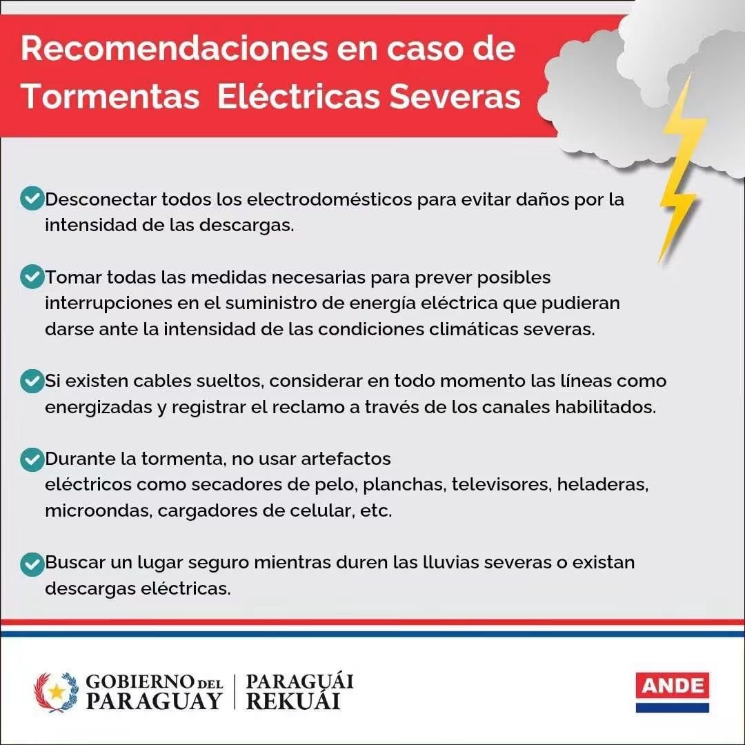 ANDEOficial's tweet photo. ⛈️Ante la llegada de un evento climatológico severo, te damos las siguientes recomendaciones a tener en cuenta para mayor seguridad y evitar inconvenientes con artefactos eléctricos.

#GobiernoDelParaguay https://t.co/I0aYntPo7o