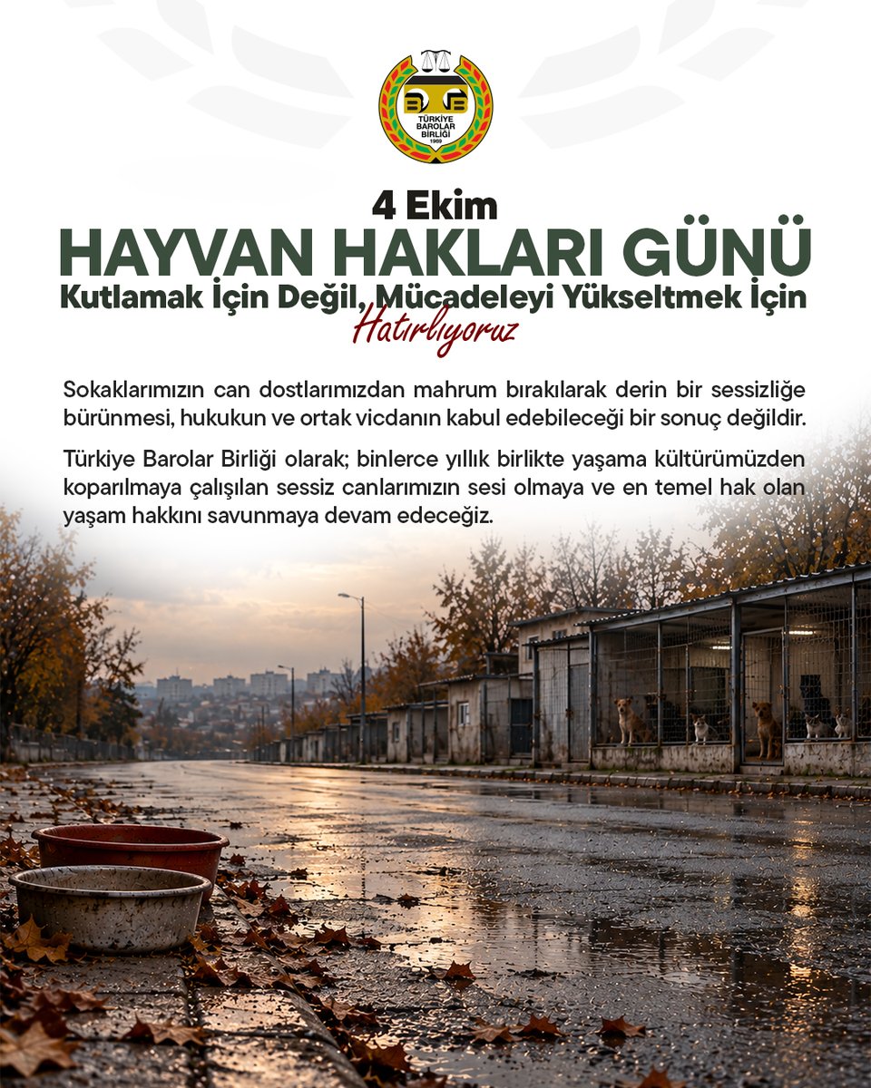 barolar's tweet photo. Sokaklarımızın can dostlarımızdan mahrum bırakılarak derin bir sessizliğe bürünmesi, hukukun ve ortak vicdanın kabul edebileceği bir sonuç değildir.

Türkiye Barolar Birliği olarak; binlerce yıllık birlikte yaşama kültürümüzden koparılmaya çalışılan sessiz canlarımızın sesi olmaya ve en temel hak olan yaşam hakkını savunmaya devam edeceğiz. #HayvanHaklarıGünü