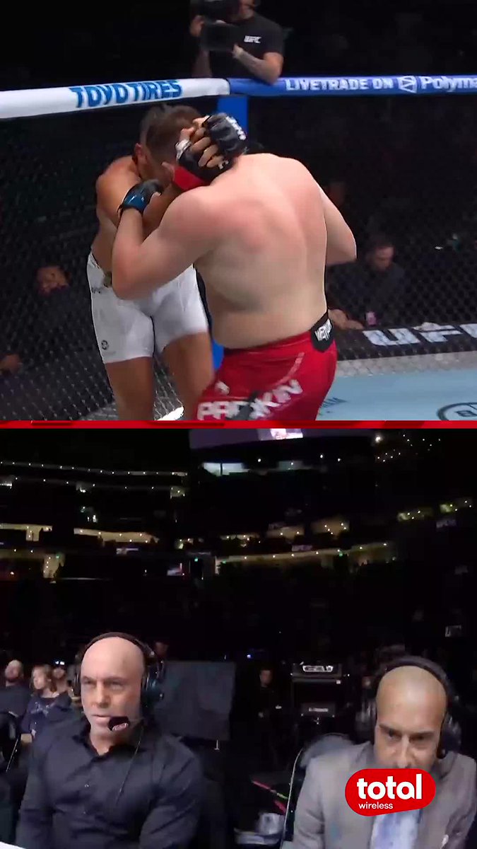 Two UFC fighters clash in the octagon with a "TOYO TIRES" banner visible behind them, while commentators below react with animated expressions to the round 1 finish by Johnny Walker. A "Total Wireless" logo appears in the corner, matching the sponsored broadcast.