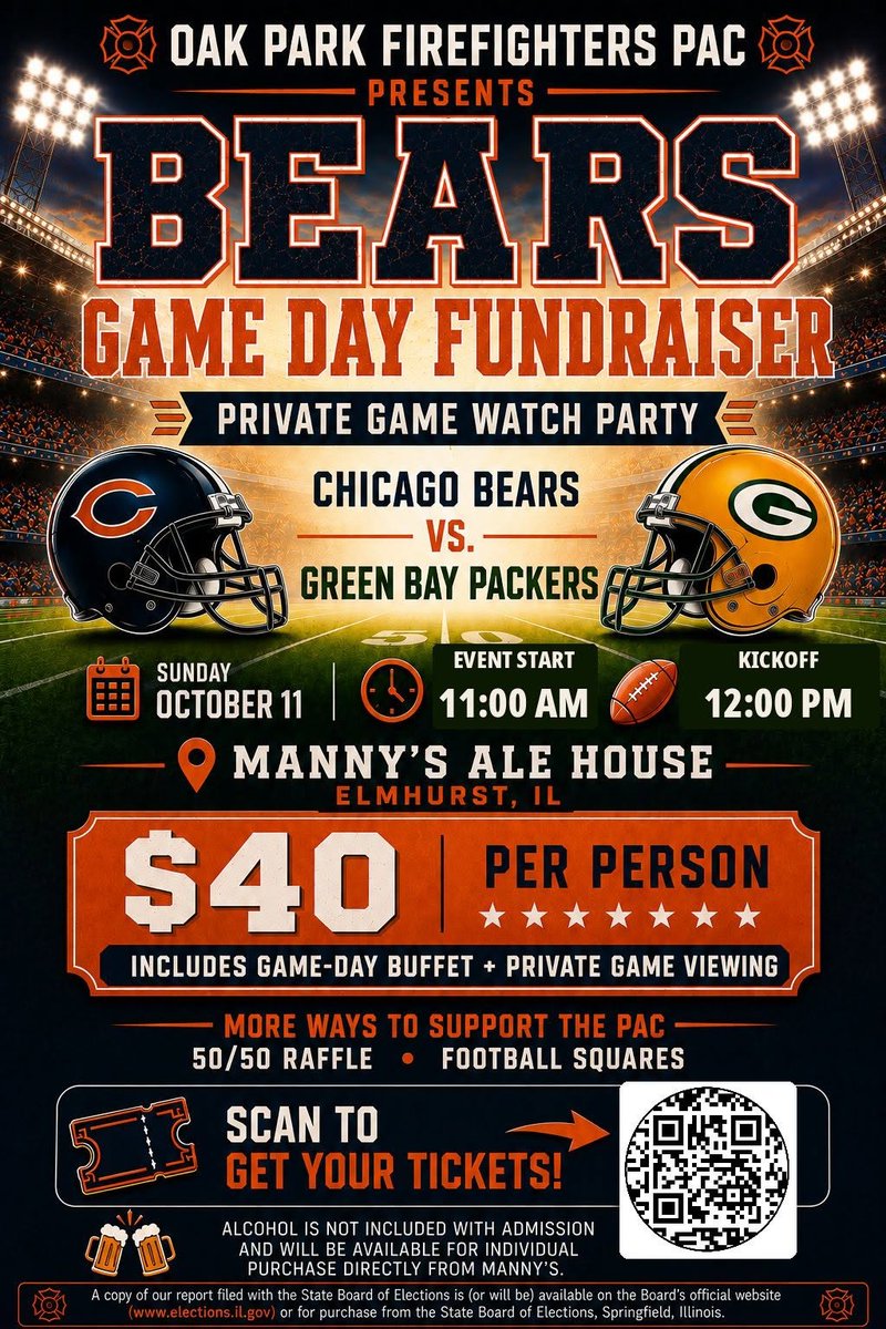 AFFI1935's tweet photo. Oak Park Firefighters Local 95 Bears fundraiser is back! 

🏈 Come watch the Bears take on the Packers October 11th!
🍗 Enjoy a game day buffet with a private viewing of the game at Manny's Ale house!
🎫 50/50 during the game!

Scan the qr code or visit https://t.co/T4LbZnRrRk https://t.co/Q0UgQYlzMI