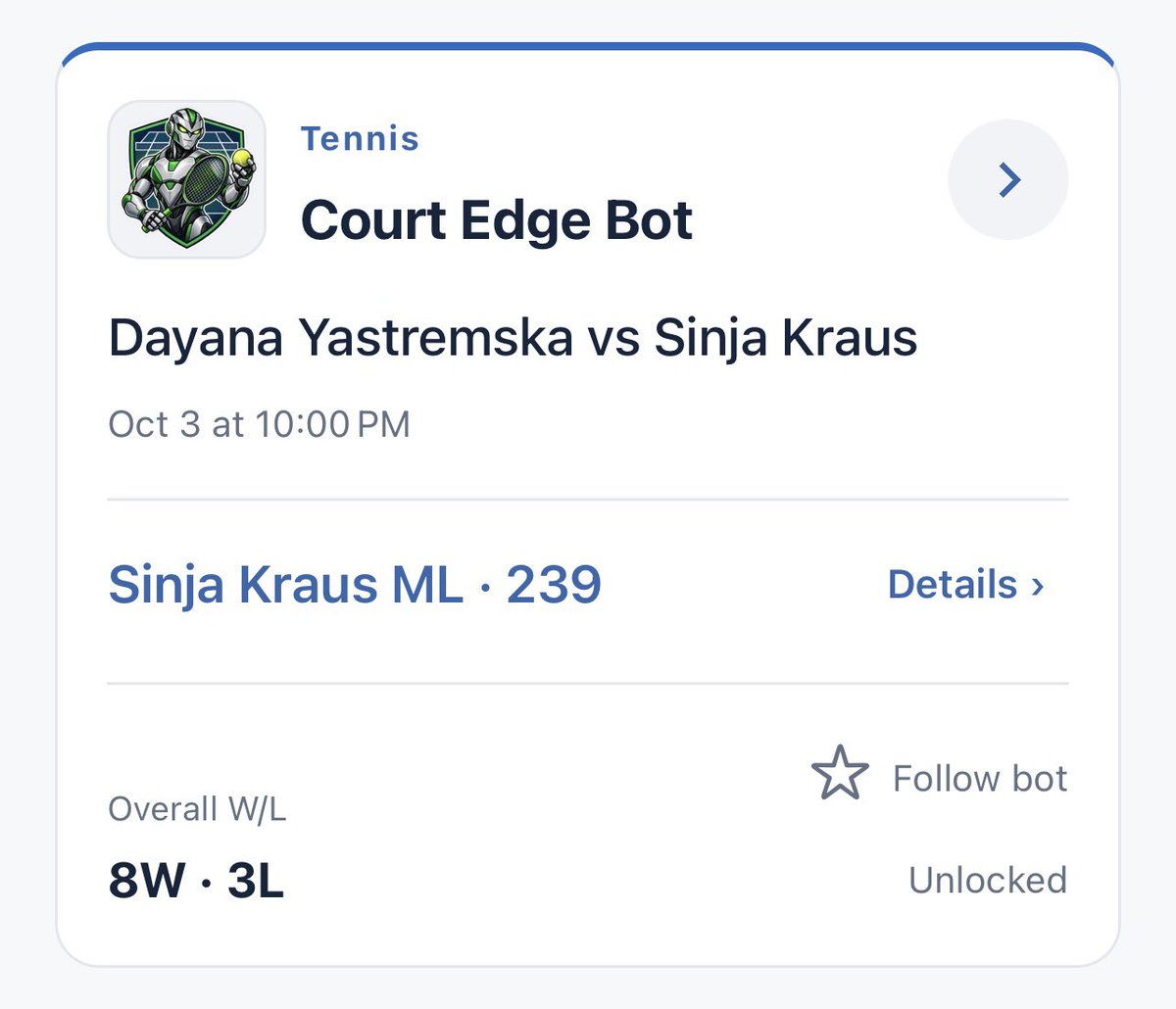 aibetpicks's tweet photo. Free pick today from our tennis bot :) he has been on fire. Do you agree? https://t.co/UmmBHhICT8