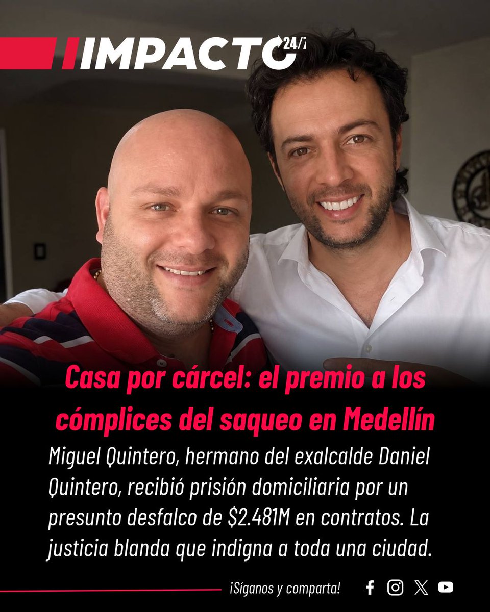 Impacto24_7's tweet photo. CASA POR CÁRCEL | El hermano de Daniel Quintero, señalado de un desfalco de $2.481 millones, duerme cómodo en su casa mientras Medellín paga las consecuencias. Federico Gutiérrez lo dijo claro: "Les tenemos reservada una celda con vista a Medellín". La corrupción del petrismo no descansa… y la justicia, al parecer, tampoco castiga.