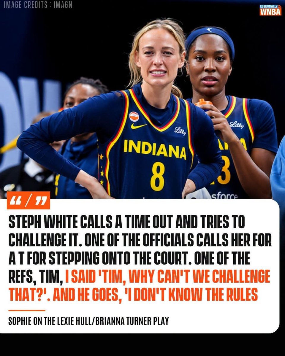 DrexelGlen19289's tweet photo. Sophie Cunningham shared a stunning account of the Lexie Hull-Brianna Turner play, claiming Steph White called timeout and tried to challenge the call, only for an official to issue her a technical for stepping onto the court. 

Cunningham said she then asked referee Tim why the play could not be challenged, recalling his response: “I don’t know the rules.” The comments have added another layer to the officiating controversy.

@WNBA