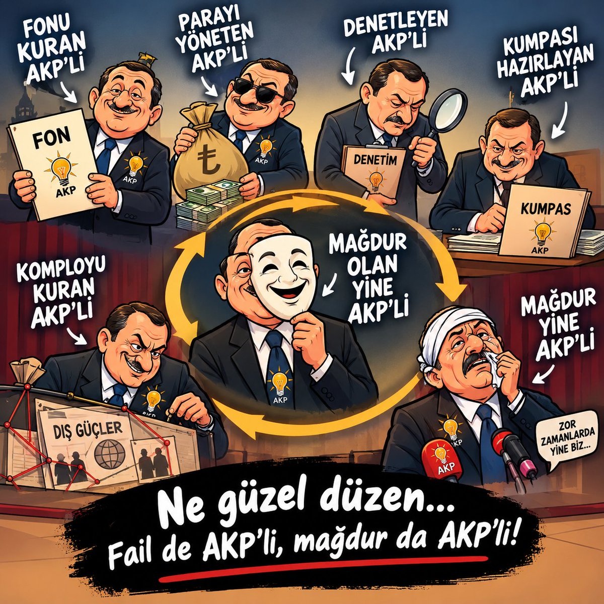 ErkanKarat10791's tweet photo. Fonu kuran AKP'li,
Çalan AKP'li, 
Mağdur olan AKP'li
Denetleyen yine AKP'li, 
Kumpas hazırlayanlar AKP'li
Komplo kuranlar AKP'li
Mağdur yine AKP
#mügeanlı
#HepimizeAnapara https://t.co/zBoy4gS96Q