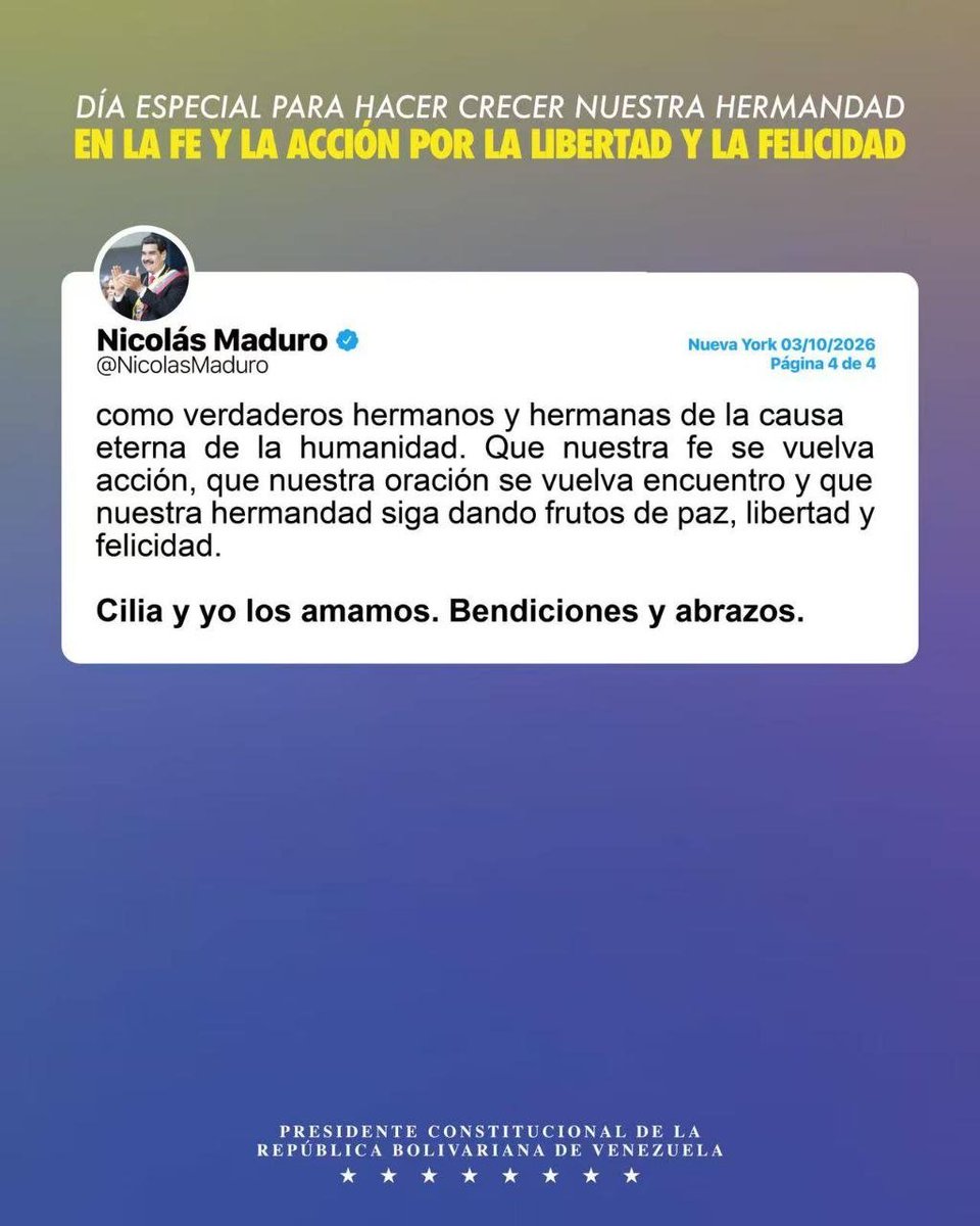 NicolasMaduro's tweet photo. Recordando tres reflexiones del legado espiritual de San Francisco de Asís, Cilia y yo agradecemos a todas y todos, en Venezuela y el mundo, la verdadera hermandad demostrada en este tiempo de pruebas y perseverancia. https://t.co/w0sycLIFA8