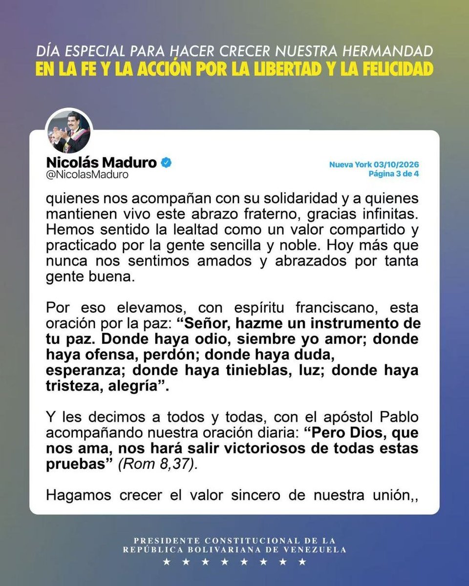 NicolasMaduro's tweet photo. Recordando tres reflexiones del legado espiritual de San Francisco de Asís, Cilia y yo agradecemos a todas y todos, en Venezuela y el mundo, la verdadera hermandad demostrada en este tiempo de pruebas y perseverancia. https://t.co/w0sycLIFA8