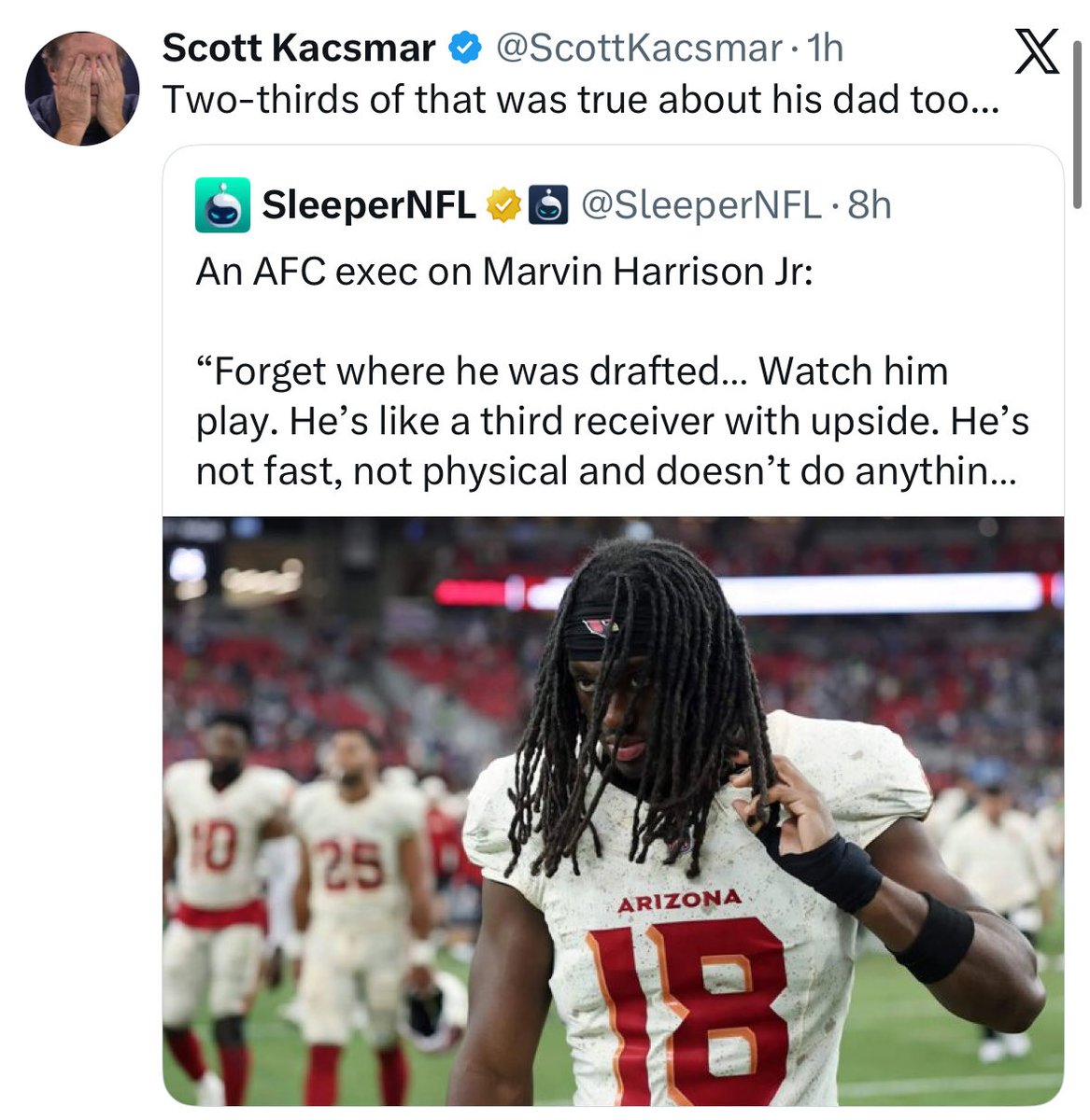 BOT23749's tweet photo. Marvin Harrison made 8 STRAIGHT ALL-PRO teams. 

But because Scott needs an excuse for Peyton Manning, he pretends he sucks. https://t.co/Qv7ntHxEFK