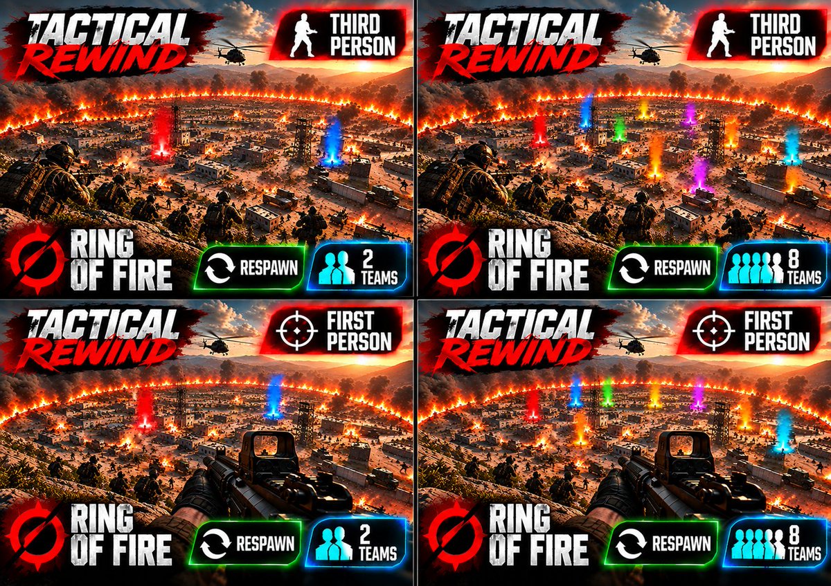 tacticalrewind6's tweet photo. Pick your ring:
No respawn = one shot at the final ring.
Respawn = fight, return, survive it.
8 teams or 2. Bots fill empty slots while the player base grows.

Made the final ring? Send us the clip.

FIRST-PERSON: SEARCH TR1P
THIRD-PERSON: SEARCH TR3P
tacticalrewindbf@gmail.com https://t.co/69KHs3yCNl