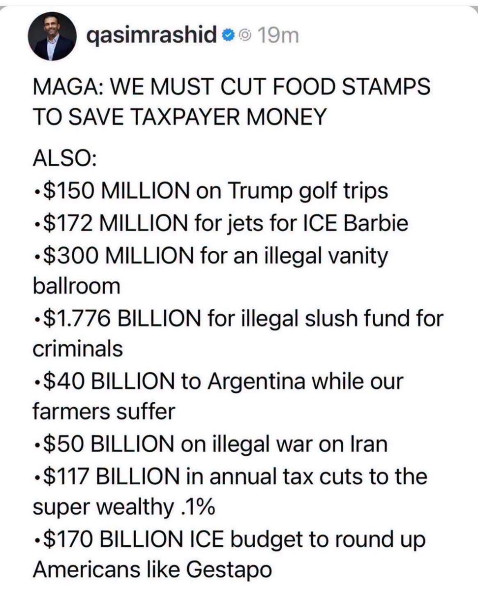Gianl1974's tweet photo. CUT FOOD STAMPS ❌ 
FUND GOLF TRIPS ✅
THAT is the “big beautiful agenda.” https://t.co/9HDVsUL2AX