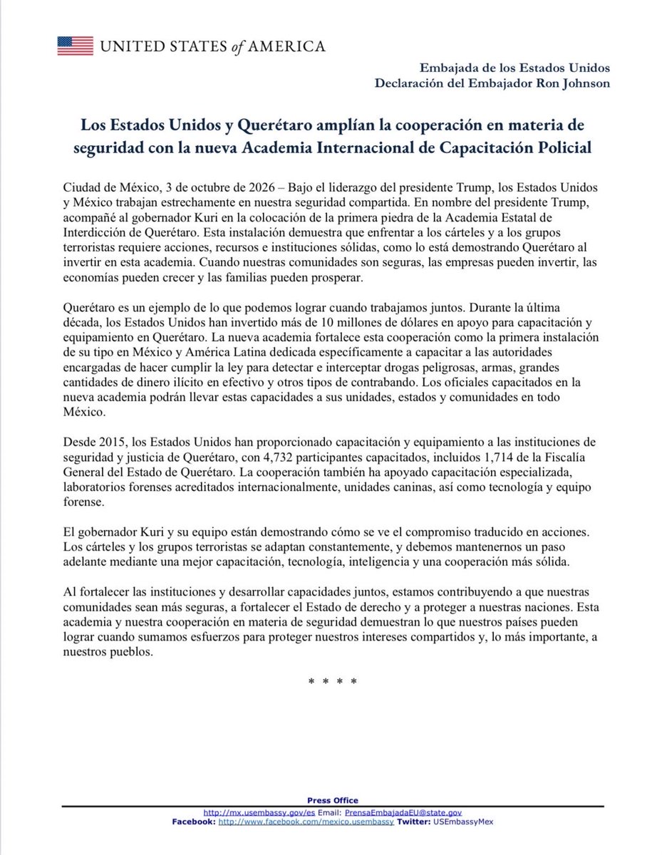 USAmbMex's tweet photo. Los Estados Unidos y Querétaro amplían la cooperación en materia de seguridad con la nueva Academia Internacional de Capacitación Policial.  🇺🇸🇲🇽#JuntosLogramosMás https://t.co/d3aGR80jLp