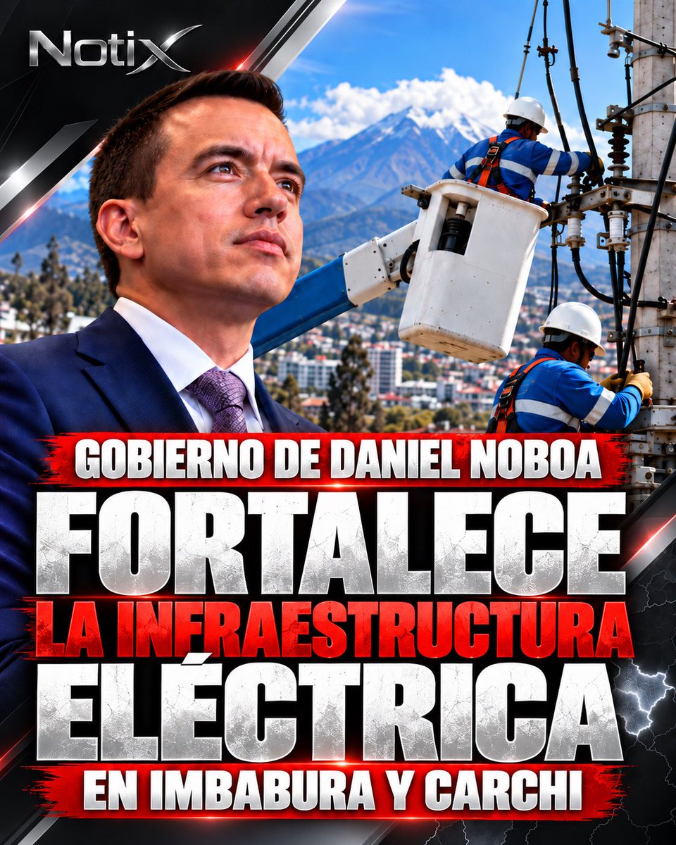 NotixMedia's tweet photo. ⚡ #Ecuador | El Gobierno de Daniel Noboa informó que se ejecutan trabajos para fortalecer la infraestructura eléctrica en Imbabura y Carchi, con una inversión aproximada de USD 10.000.

Las intervenciones están a cargo de EMELNORTE e incluyen mantenimiento preventivo, renovación de conductores y mejoras en redes eléctricas. Según el Gobierno, los trabajos beneficiarán a 3.420 usuarios y buscan prevenir fallas y mejorar la continuidad del servicio.

Entre las zonas intervenidas constan El Ambi–Alpachaca, El Chanfle en Ibarra y San Miguel del Norte, en Tulcán.

Esta información fue obtenida directamente de la página del Ministerio de Ambiente y Energía.