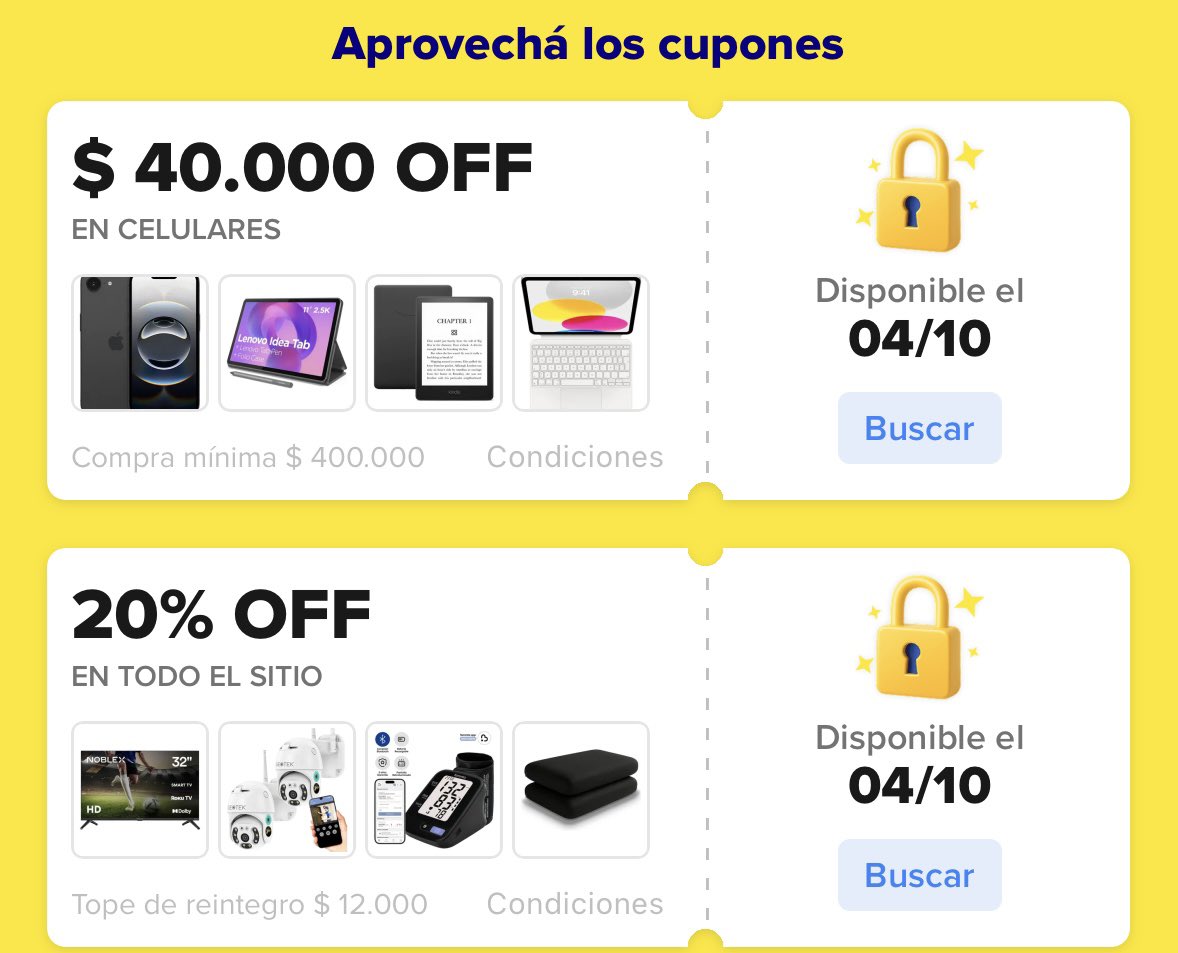 ofertasdar's tweet photo. Se agotan mañana estos cupón 04/10 😡 40.000 pesos off en celulares y 20% off, compra ya en Mercado Libre Argentina 👉 https://t.co/m4IExBrrAG https://t.co/IhoJ9M5sSi