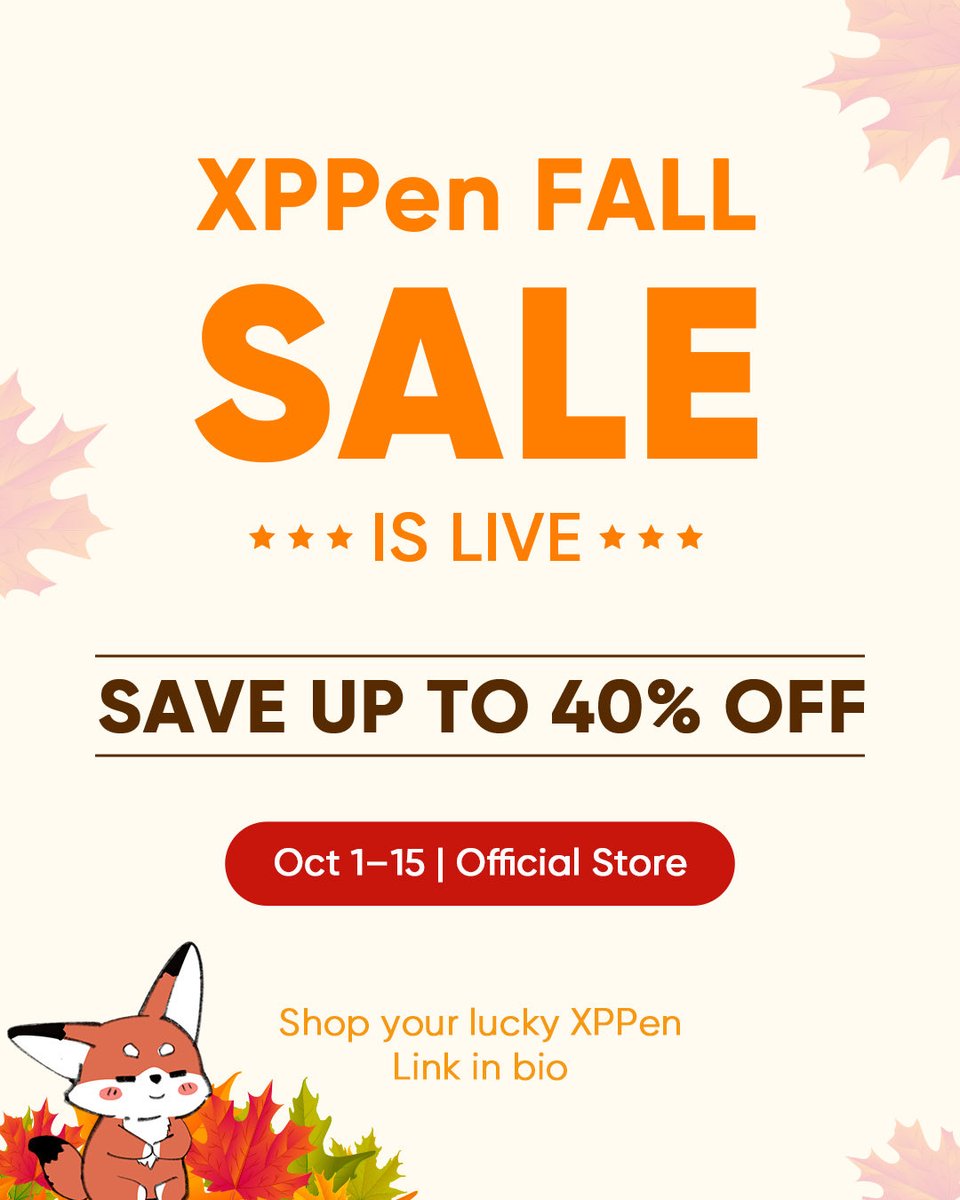 xppenca's tweet photo. XPPen Official Store Fall Sale is LIVE!
Oct 1–15 | Save up to 40% OFF
🔗  https://t.co/rLsN7NJrAr https://t.co/eU6s0fqjv7