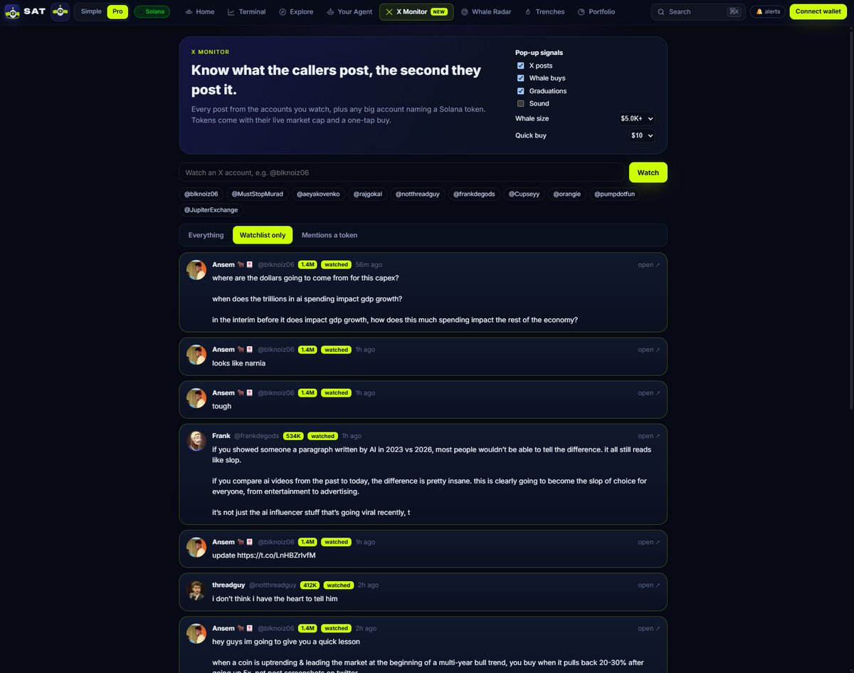 SATforSOL's tweet photo. 🛰 New on SAT: Live Signals

The moment a caller tweets a token, a whale apes, or a https://t.co/1WSmKGuxsD coin graduates, it pops up on your screen.

Live market cap. One-tap buy. No tab-switching.

Plus the X Monitor: 
watch any account, catch every call. https://t.co/3YAlYqLjaW