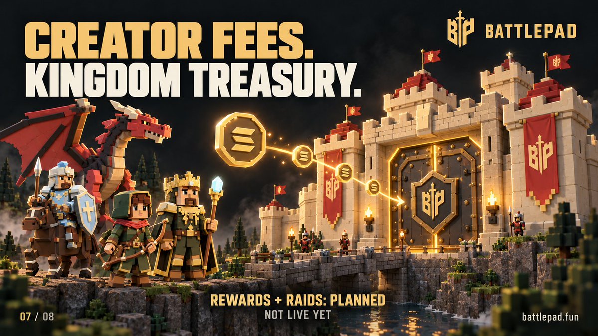 battlepadfun's tweet photo. Each kingdom has its own protected treasury.

Its token’s creator fees flow into that vault. The launcher cannot withdraw them.

Planned next: holder rewards and raids that move 10% of a defeated kingdom’s eligible treasury to the winner.

Rewards and raids are not live yet. https://t.co/PlfnGO1Zfu