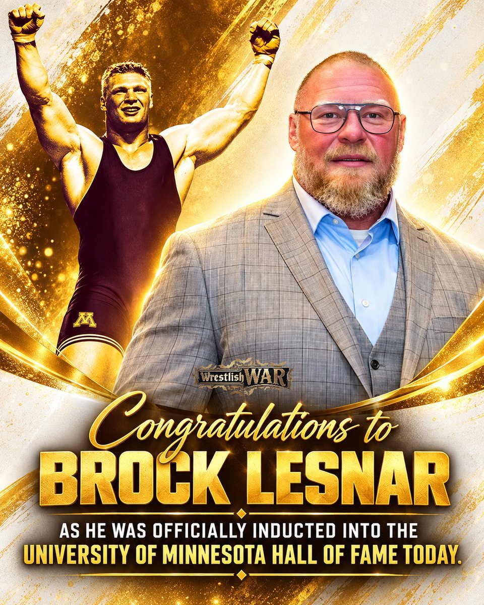 ShriRajTripuute's tweet photo. Brock Lesnar was officially inducted into the University of Minnesota M Club Hall of Fame on October 2 at Huntington Bank Stadium in Minneapolis.

After transferring from Bismarck Junior College in 1998, he went 55-3 with 23 pins for the Golden Gophers. NCAA Heavyweight runner-up in 1999, national champion in 2000, two-time All-American and two-time Big Ten champion tied for the best winning percentage in program history.

That foundation built The Beast: multi-time @WWE Champion, @ufc Heavyweight Champion, and a Brief Run with the Minnesota Vikings. The honor comes roughly two months after his final match at SummerSlam 2026.

Congratulations, @BrockLesnar. 🏆